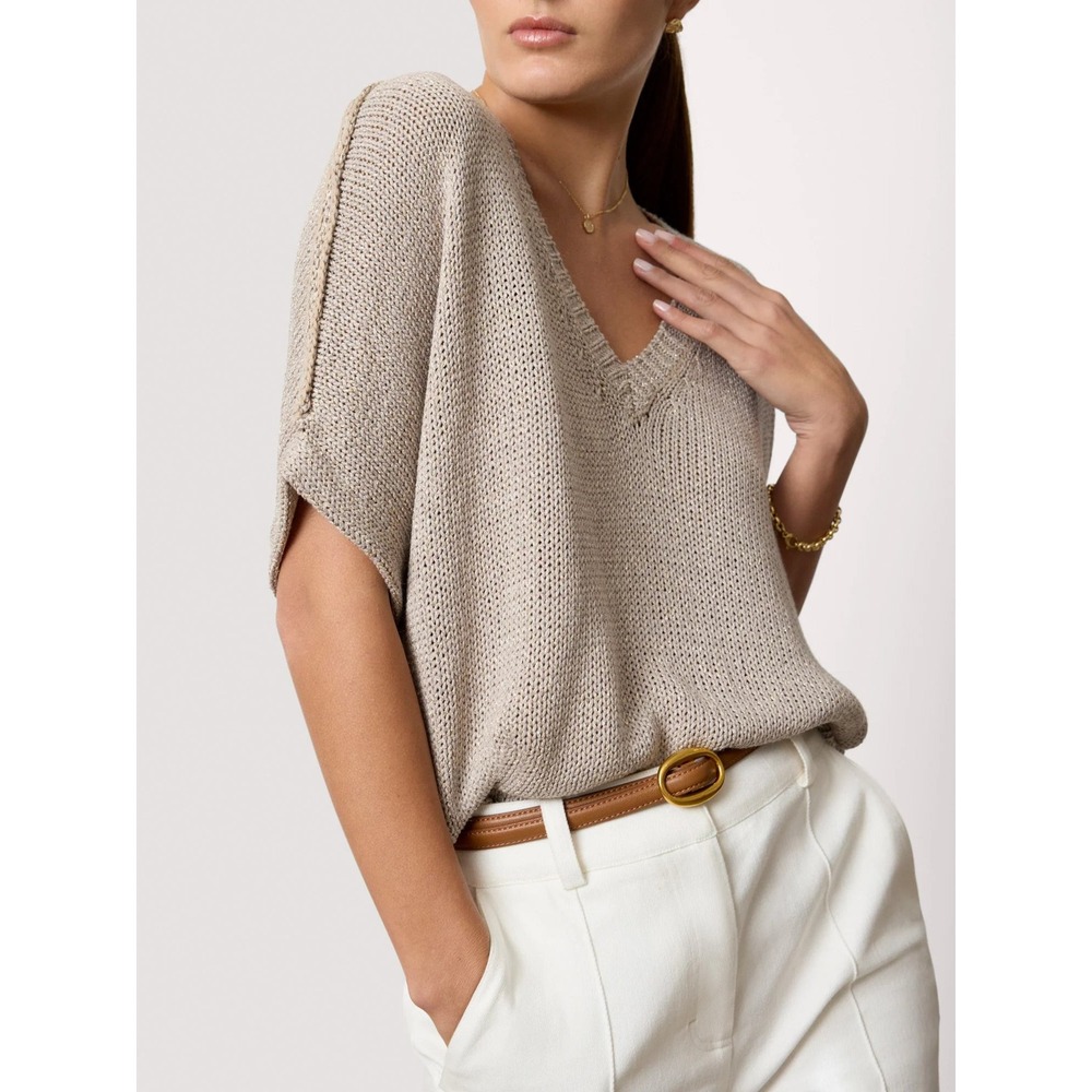 Brochu Walker Gaia Tee Moonstone Metallic V-Neck Knit Sweater Top L